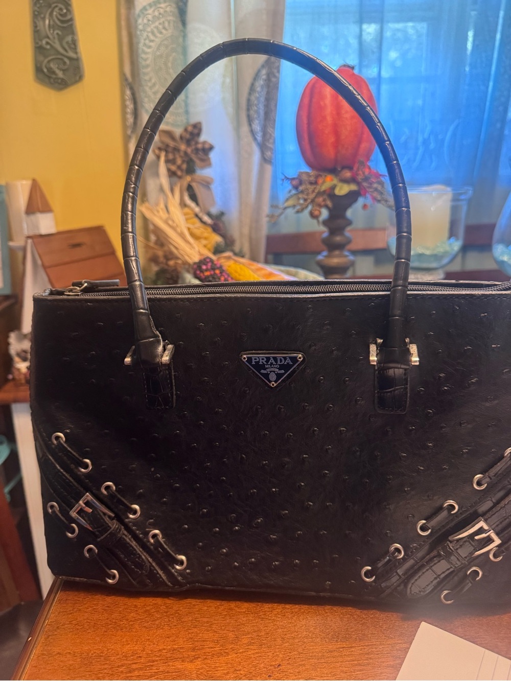 Prada Black Ostrich-Embossed Leather Tote with Silver Hardware